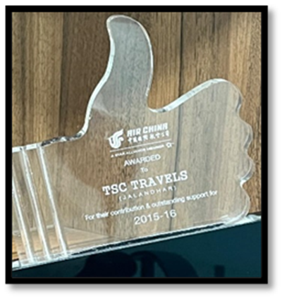 Outstanding Contribution and Support Award from Air China 2015-2016