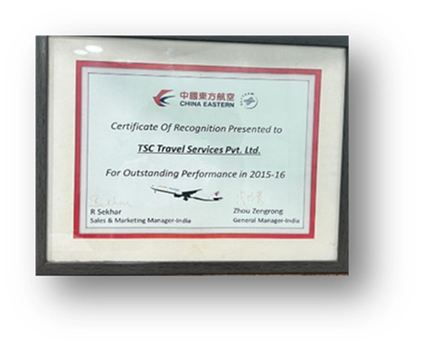 Outstanding Performance Award from China Eastern 2015-2016